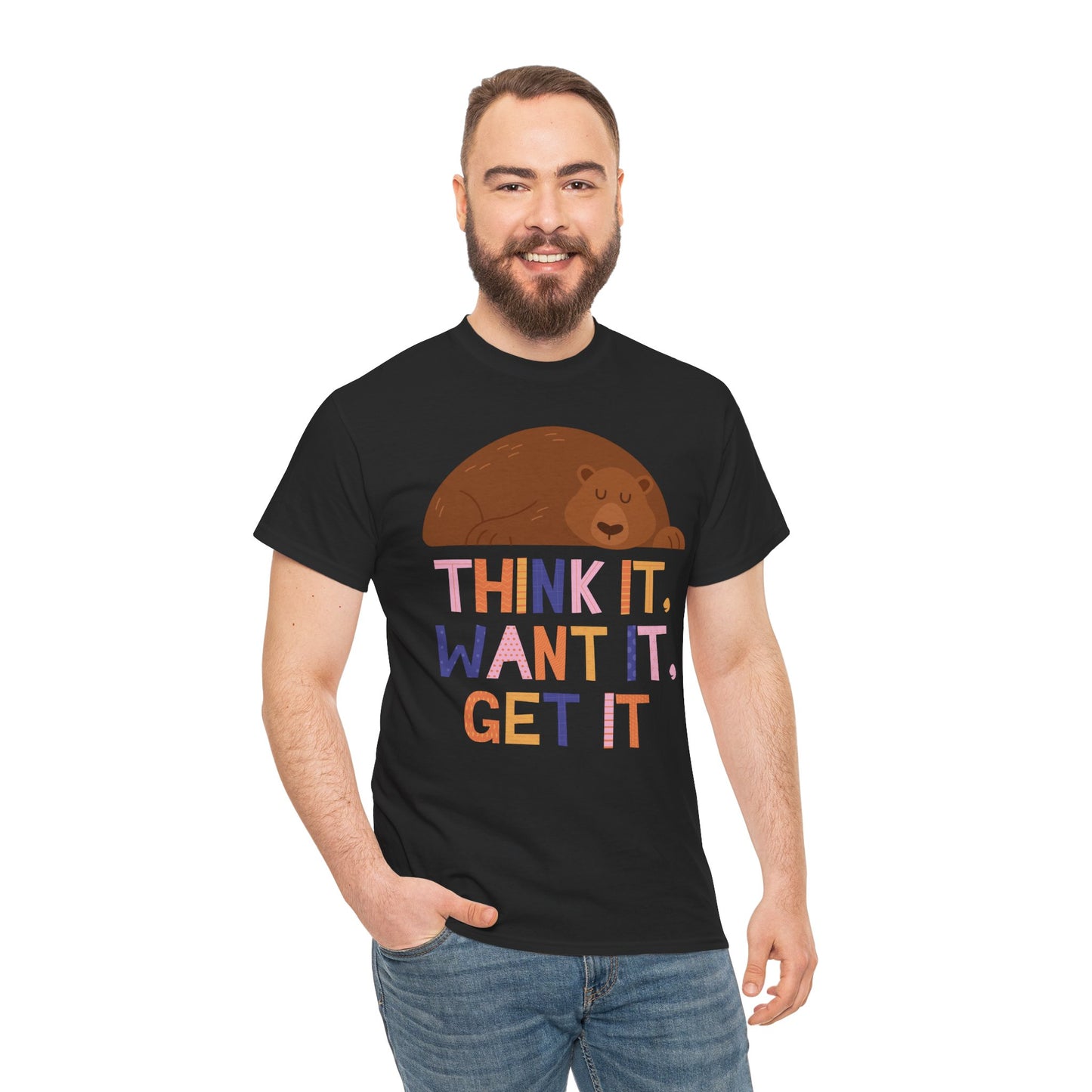 Motivational Bear Graphic Tee - "Think It, Want It, Get It"