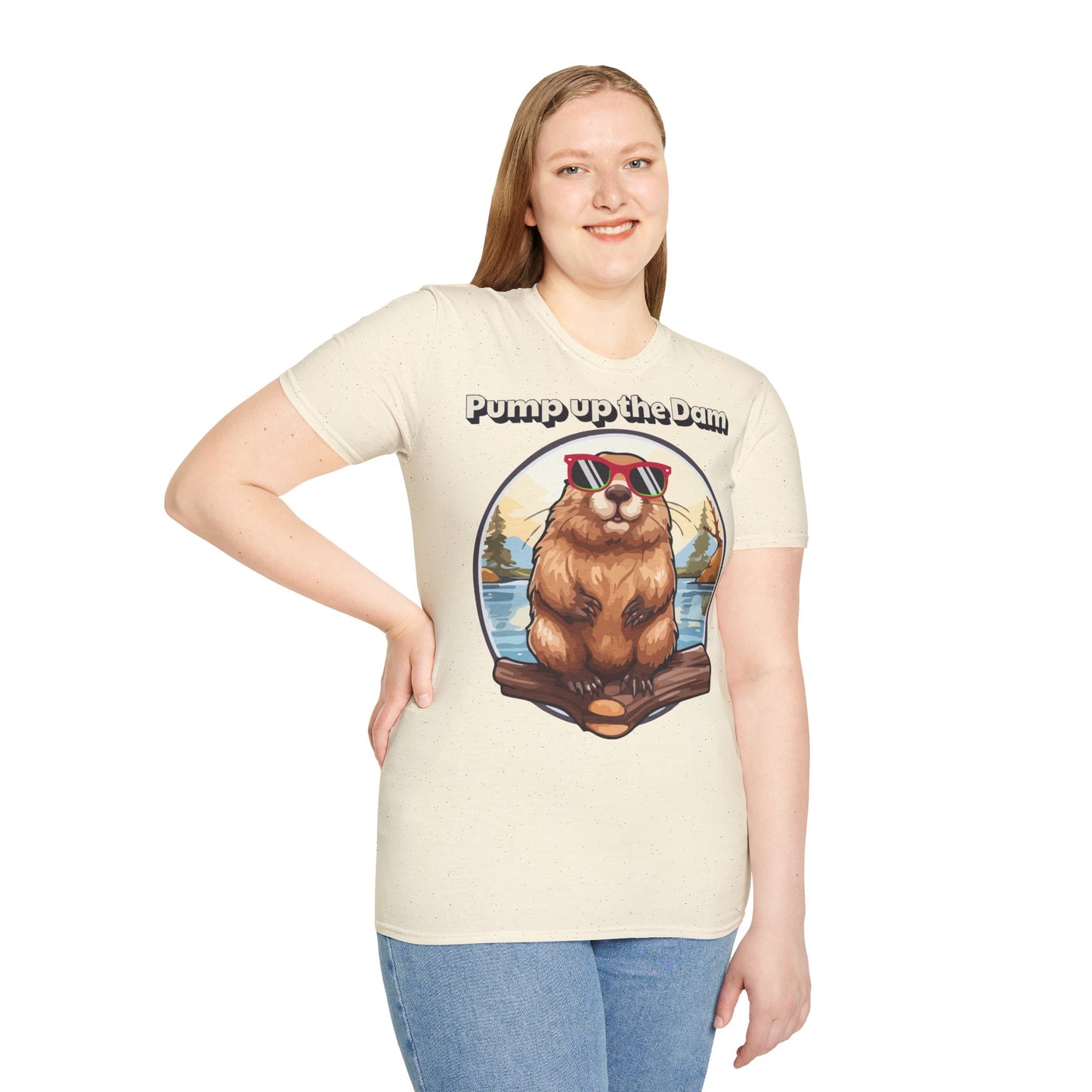 Pump Up the Dam Funny Beaver T-Shirt - Unisex Softstyle Tee