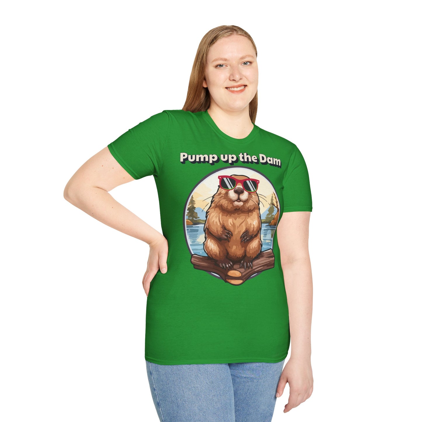 Pump Up the Dam Funny Beaver T-Shirt - Unisex Softstyle Tee