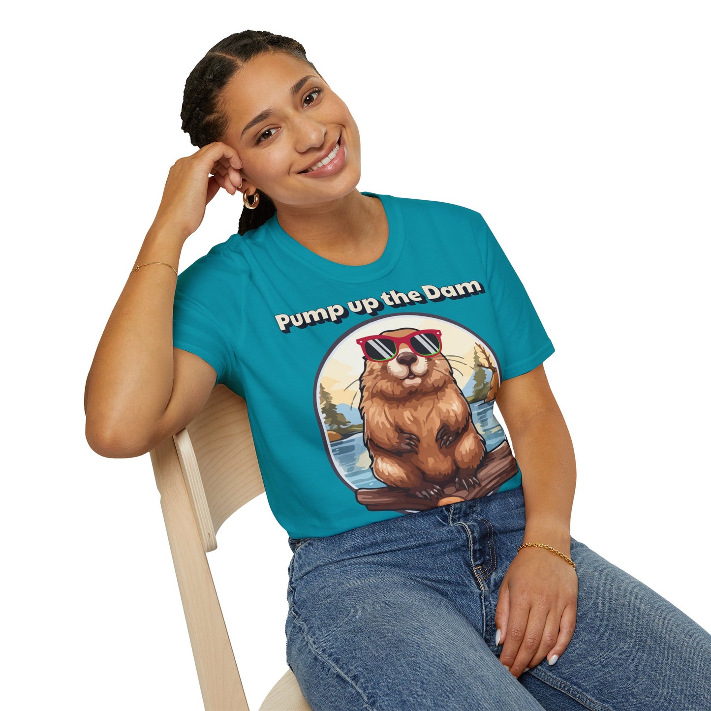 Pump Up the Dam Funny Beaver T-Shirt - Unisex Softstyle Tee