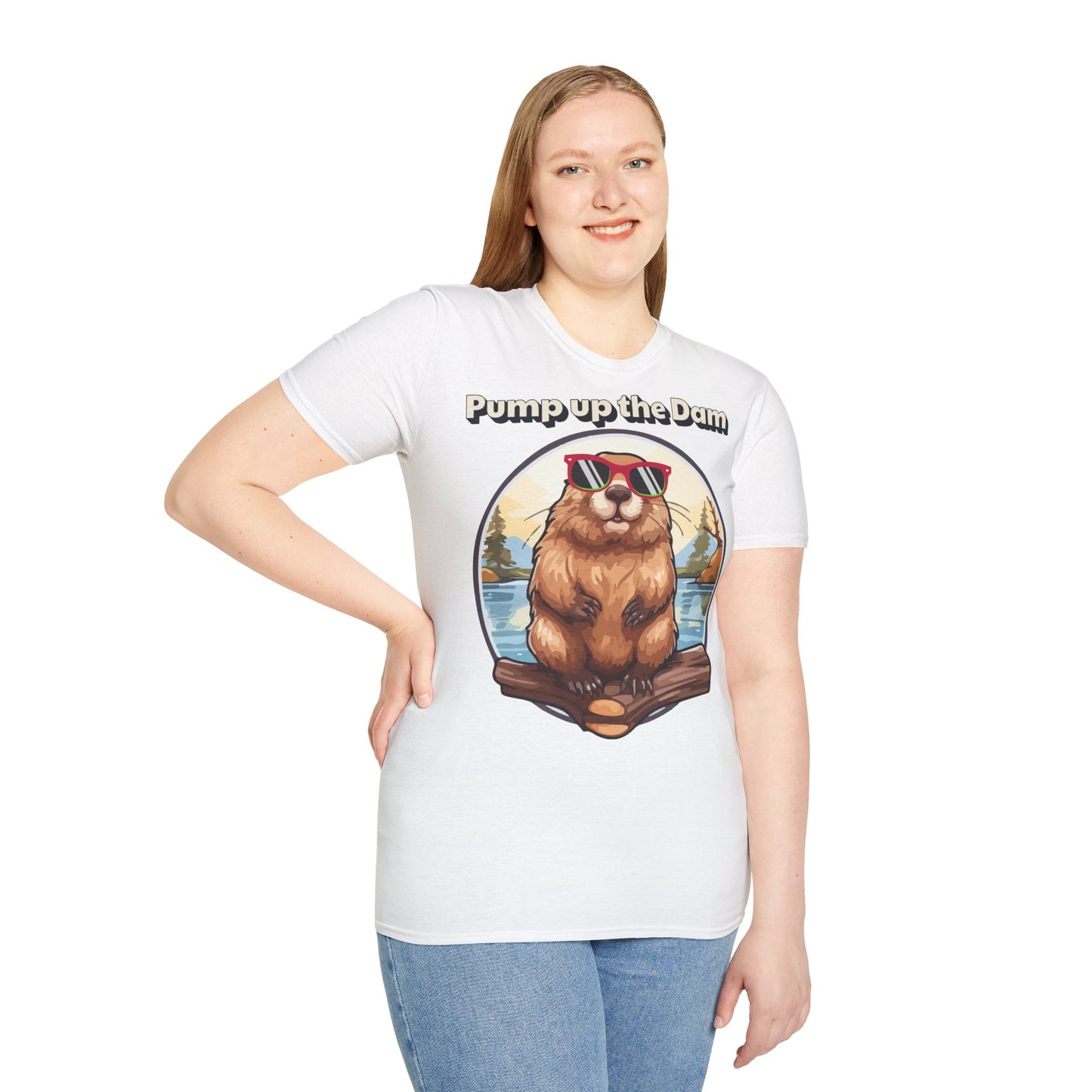 Pump Up the Dam Funny Beaver T-Shirt - Unisex Softstyle Tee