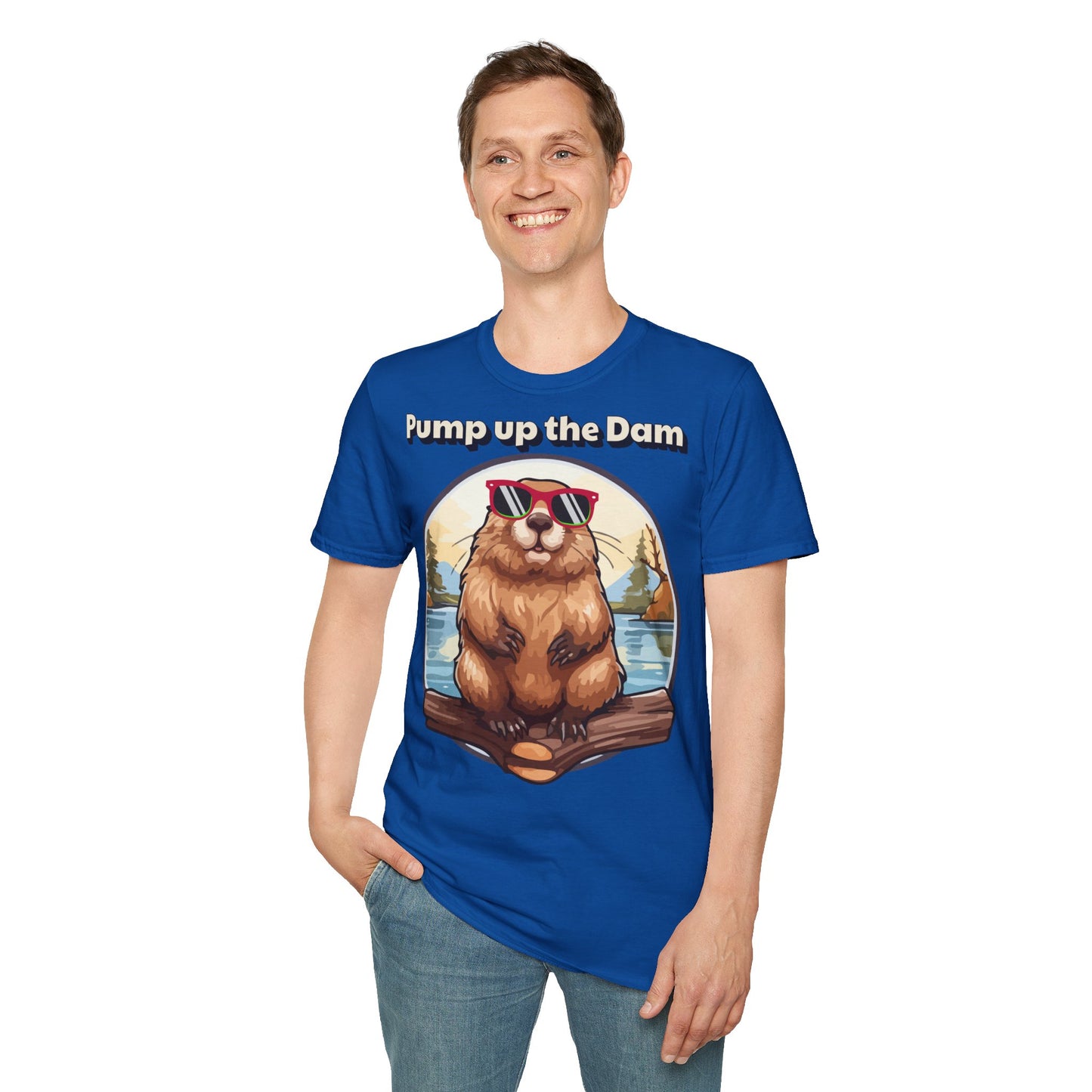 Pump Up the Dam Funny Beaver T-Shirt - Unisex Softstyle Tee