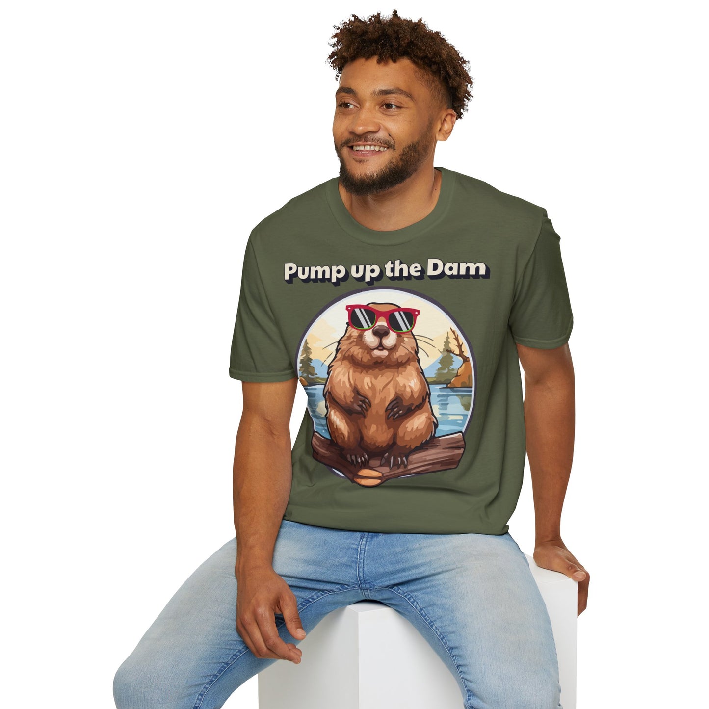 Pump Up the Dam Funny Beaver T-Shirt - Unisex Softstyle Tee