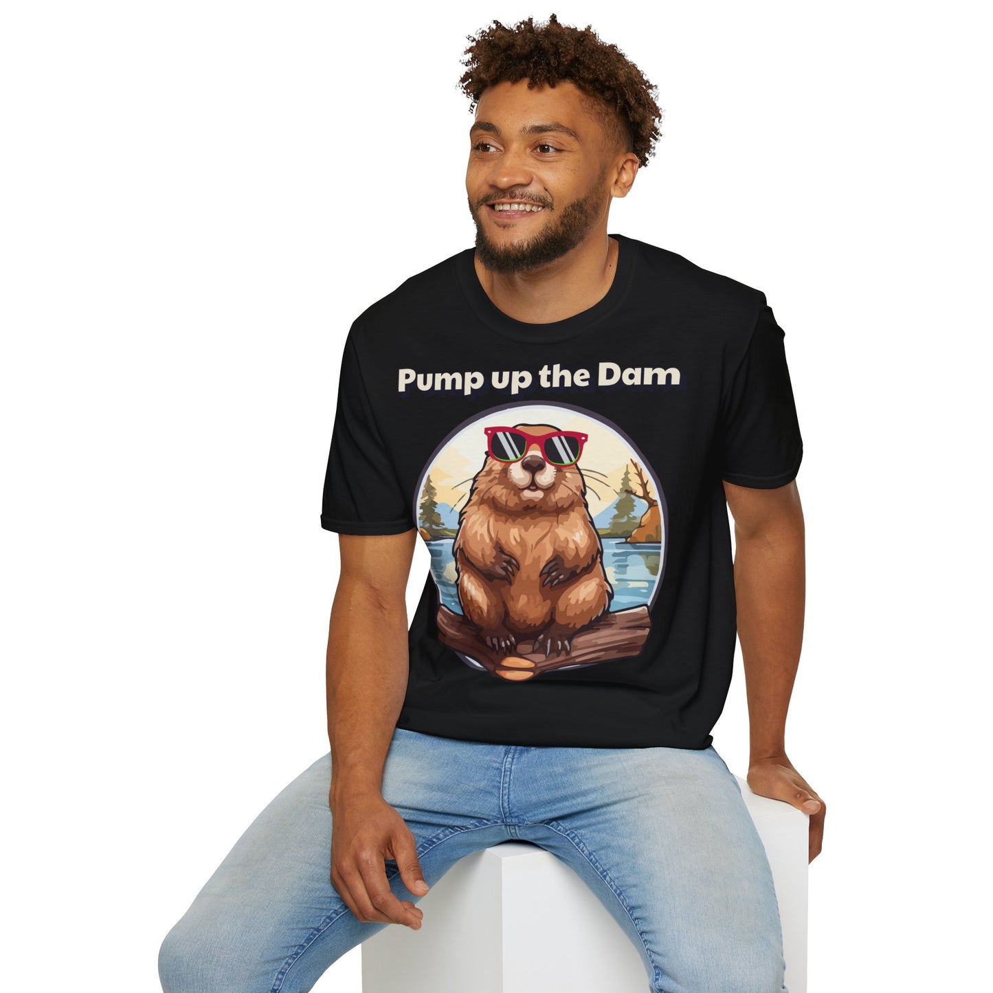 Pump Up the Dam Funny Beaver T-Shirt - Unisex Softstyle Tee