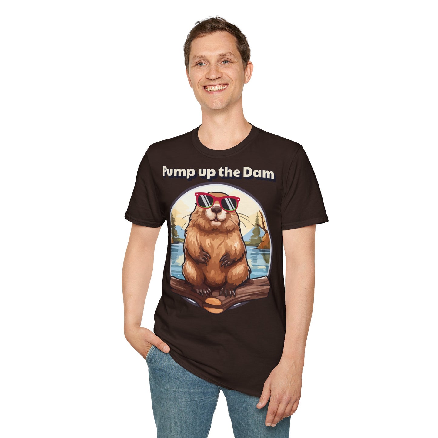 Pump Up the Dam Funny Beaver T-Shirt - Unisex Softstyle Tee